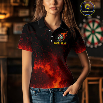 Medieval Power Darts Team Shirt For Women - Flaming Dartboard & Castle | Custom Name NYN0485
