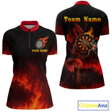 Load image into Gallery viewer, Medieval Power Darts Team Shirt For Women - Flaming Dartboard &amp; Castle | Custom Name NYN0485
