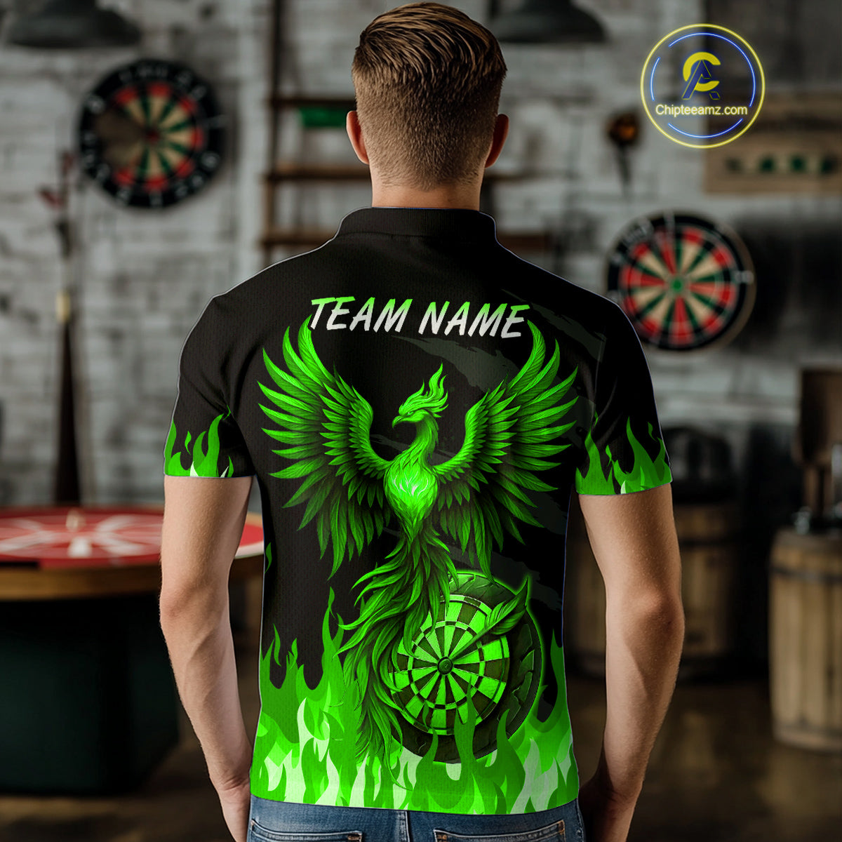 Custom Green Flames Phoenix Dartboard Dart Polo Jersey For Men Dart Tournament Team Shirts NYN0981