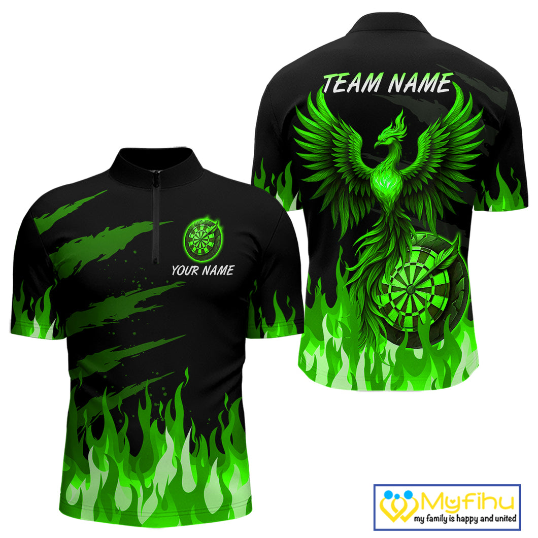 Custom Green Flames Phoenix Dartboard Dart 1/4-Zip Jersey For Men Dart Tournament Team Shirts NYN0981