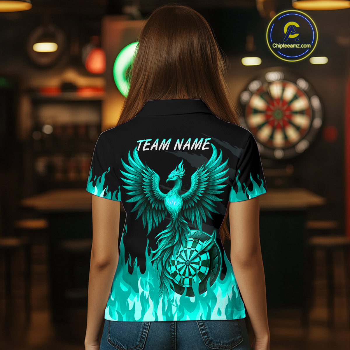 Custom Turquoise Flames Phoenix Dartboard Dart Polo Jersey For Women Dart Tournament Team Shirts NYN0982