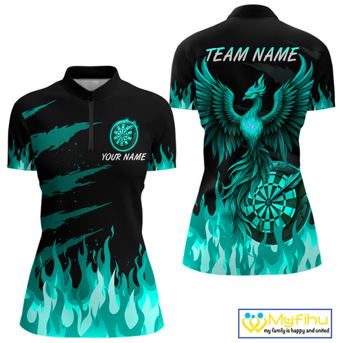Custom Turquoise Flames Phoenix Dartboard Dart 1/4-Zip Jersey For Women Dart Tournament Team Shirts NYN0982