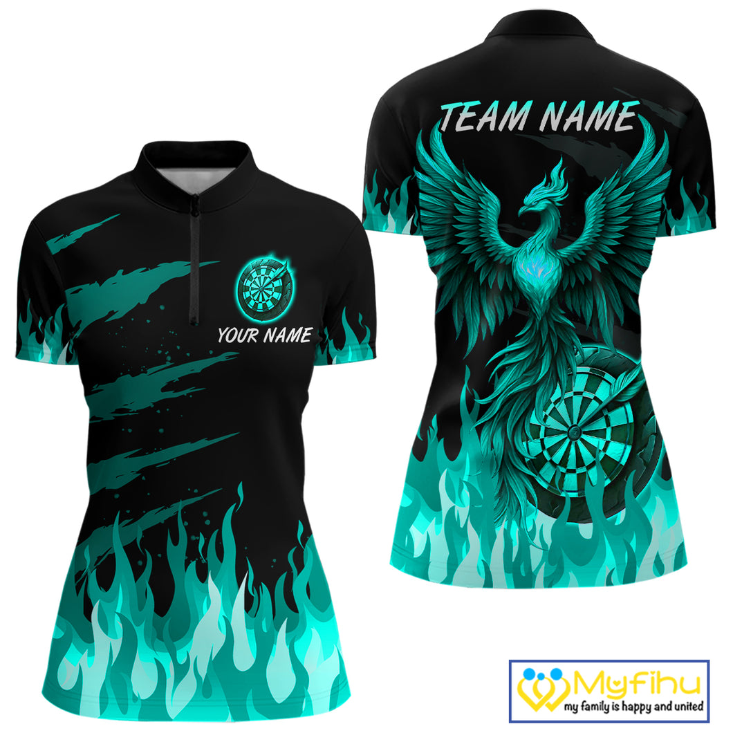 Custom Turquoise Flames Phoenix Dartboard Dart 1/4-Zip Jersey For Women Dart Tournament Team Shirts NYN0982