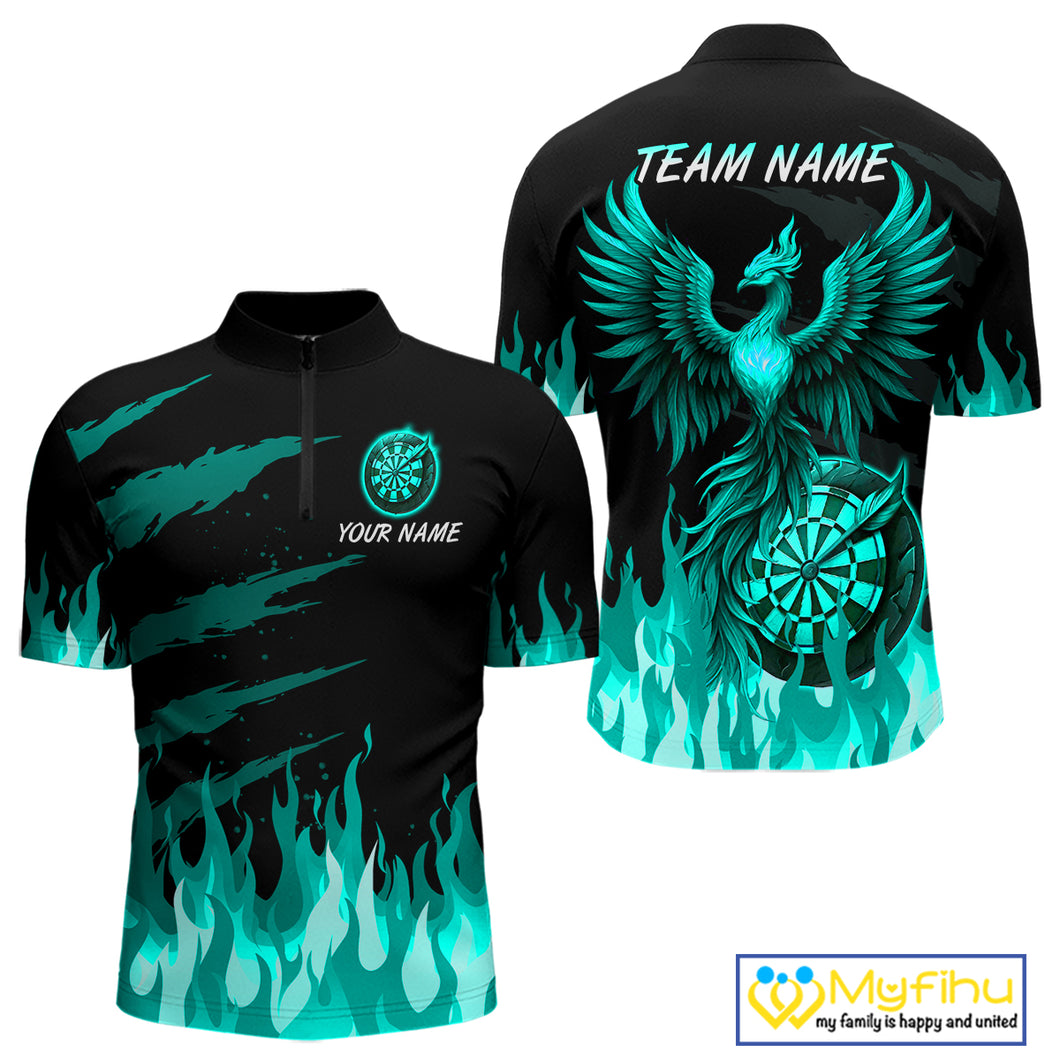 Custom Turquoise Flames Phoenix Dartboard Dart 1/4-Zip Jersey For Men Dart Tournament Team Shirts NYN0982