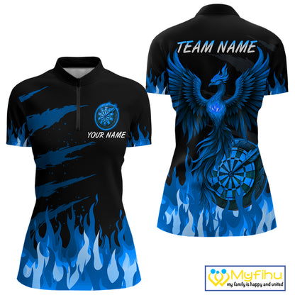 Custom Blue Flames Phoenix Dartboard Dart 1/4-Zip Jersey For Women Dart Tournament Team Shirts NYN0983