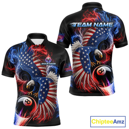 Custom Thunder 8 Ball Pool Jersey For Men US Flag Fire Eagle Billiard Polo Quarter-Zip Shirt NYN4008