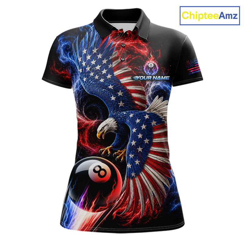 Custom Thunder 8 Ball Pool Jersey For Women US Flag Fire Eagle Billiard Polo Quarter-Zip Shirt NYN4008