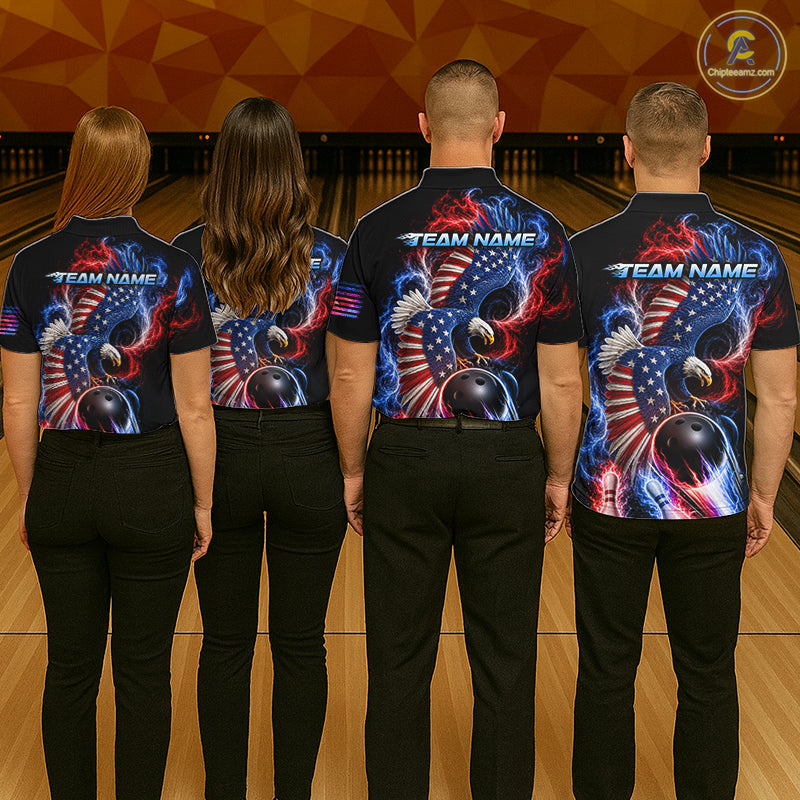 Custom Thunder Bowling Shirt For Men USA Flag Flame Eagle Bowling Polo Quarter-Zip Shirt NYN4009