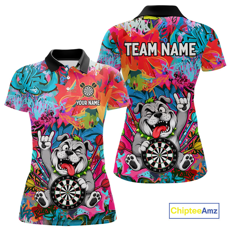 Funny Bulldog Colorful Graffiti Darts Shirt For Women Custom Name Darts Polo & 1/4 Zip Jersey NYN4397