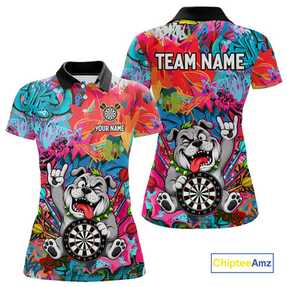 Funny Bulldog Colorful Graffiti Darts Shirt For Women Custom Name Darts Polo & 1/4 Zip Jersey NYN4397