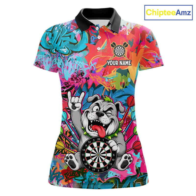 Funny Bulldog Colorful Graffiti Darts Shirt For Women Custom Name Darts Polo & 1/4 Zip Jersey NYN4397