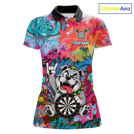 Funny Bulldog Colorful Graffiti Darts Shirt For Women Custom Name Darts Polo & 1/4 Zip Jersey NYN4397