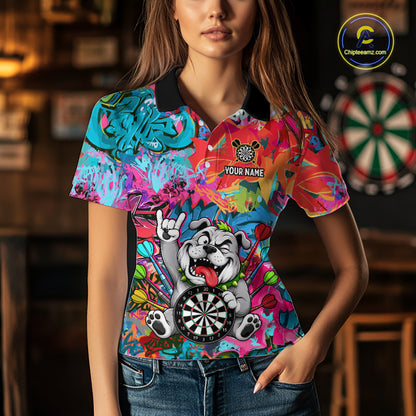 Funny Bulldog Colorful Graffiti Darts Shirt For Women Custom Name Darts Polo & 1/4 Zip Jersey NYN4397