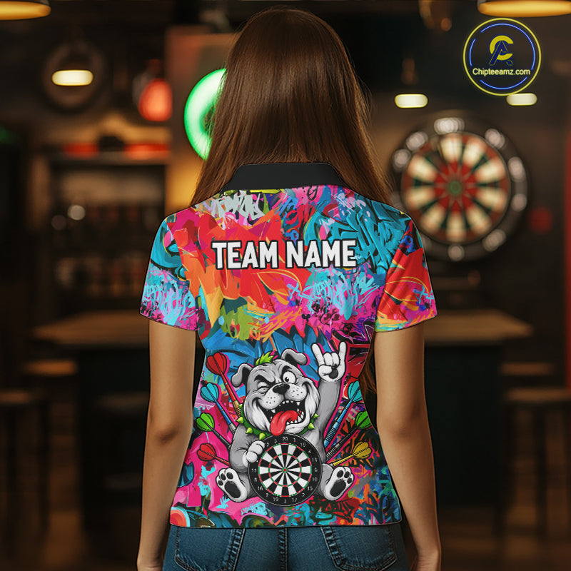 Funny Bulldog Colorful Graffiti Darts Shirt For Women Custom Name Darts Polo & 1/4 Zip Jersey NYN4397