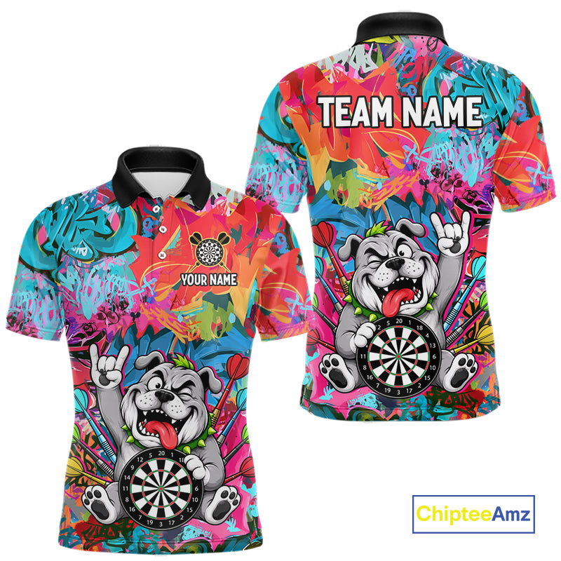 Funny Bulldog Colorful Graffiti Darts Shirt For Men Custom Name Darts Polo & 1/4 Zip Jersey NYN4397