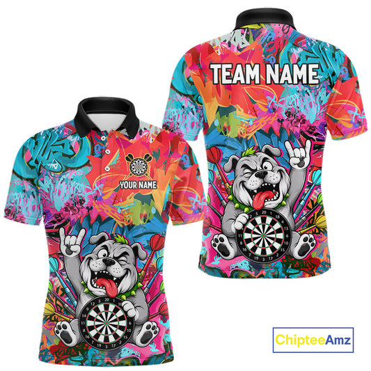 Funny Bulldog Colorful Graffiti Darts Shirt For Men Custom Name Darts Polo & 1/4 Zip Jersey NYN4397
