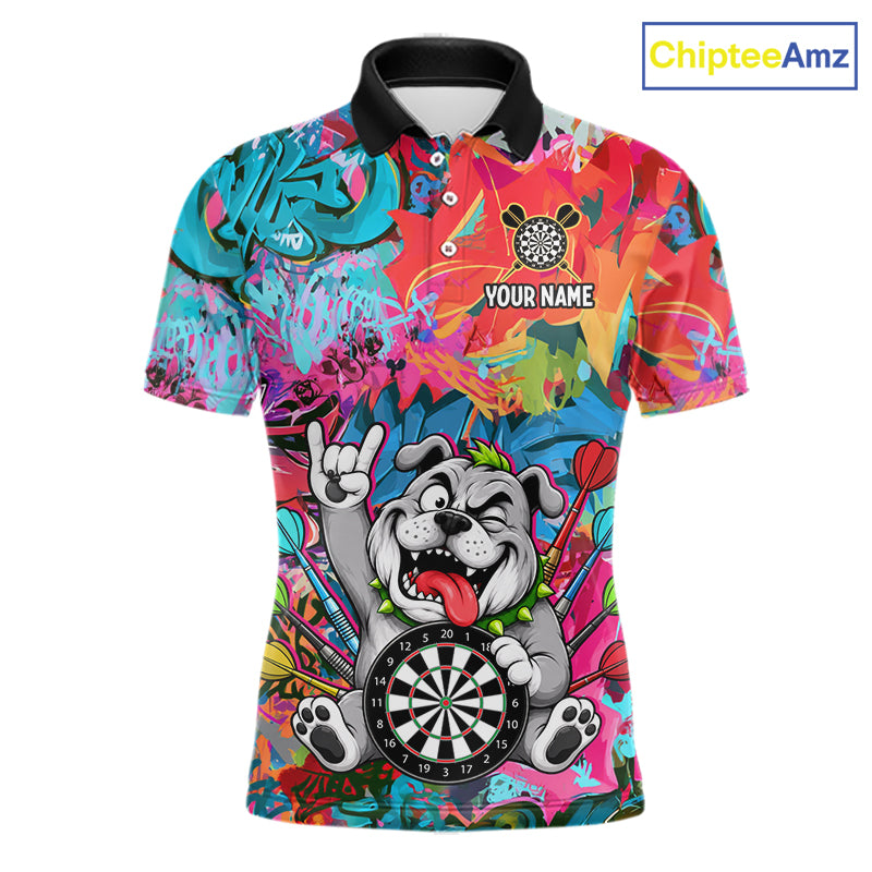 Funny Bulldog Colorful Graffiti Darts Shirt For Men Custom Name Darts Polo & 1/4 Zip Jersey NYN4397