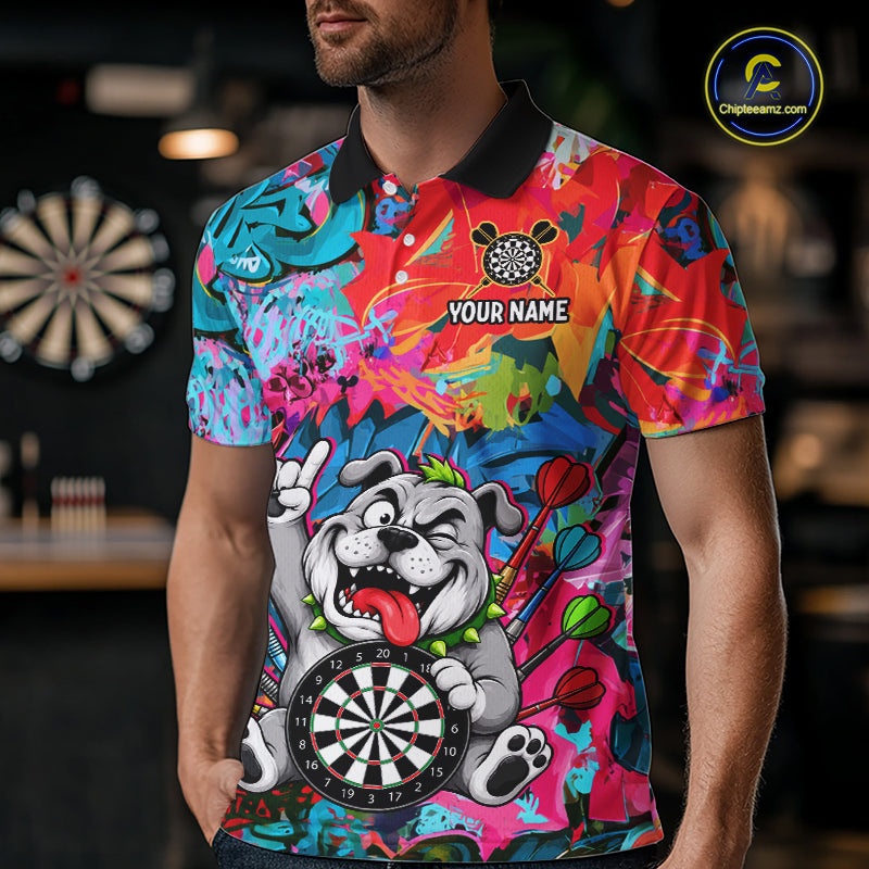 Funny Bulldog Colorful Graffiti Darts Shirt For Men Custom Name Darts Polo & 1/4 Zip Jersey NYN4397