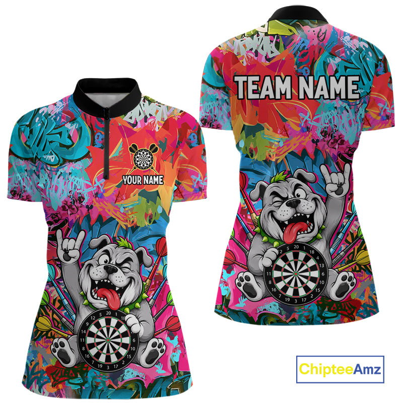 Funny Bulldog Colorful Graffiti Darts Shirt For Women Custom Name Darts Polo & 1/4 Zip Jersey NYN4397