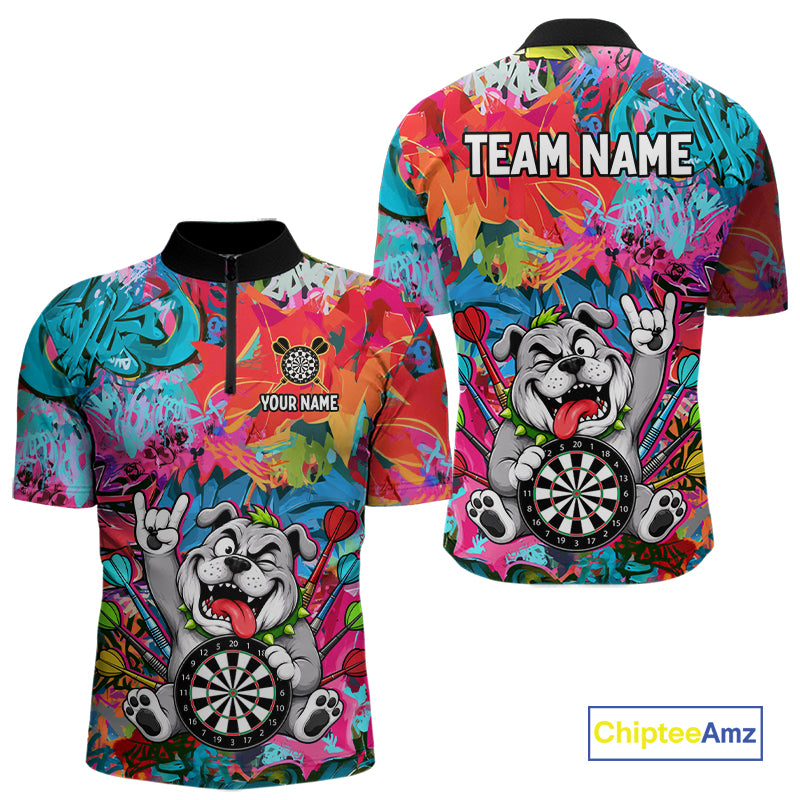 Funny Bulldog Colorful Graffiti Darts Shirt For Men Custom Name Darts Polo & 1/4 Zip Jersey NYN4397