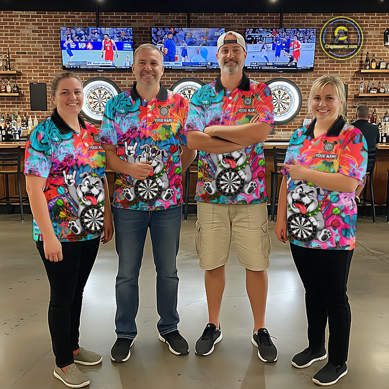 Funny Bulldog Colorful Graffiti Darts Shirt For Men Custom Name Darts Polo & 1/4 Zip Jersey NYN4397