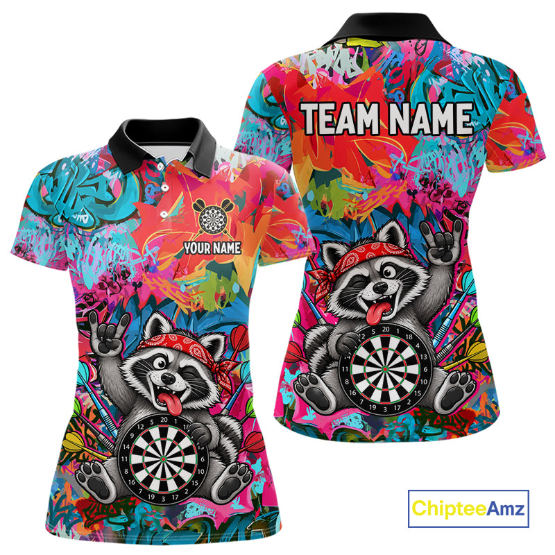 Funny Raccoon Colorful Graffiti Darts Shirt For Women Custom Name Darts Polo & 1/4 Zip Jersey NYN4398
