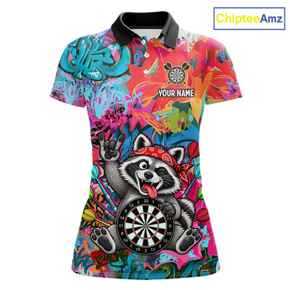 Funny Raccoon Colorful Graffiti Darts Shirt For Women Custom Name Darts Polo & 1/4 Zip Jersey NYN4398
