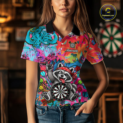 Funny Raccoon Colorful Graffiti Darts Shirt For Women Custom Name Darts Polo & 1/4 Zip Jersey NYN4398