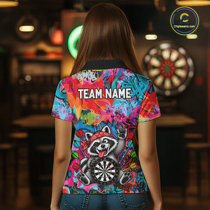 Funny Raccoon Colorful Graffiti Darts Shirt For Women Custom Name Darts Polo & 1/4 Zip Jersey NYN4398
