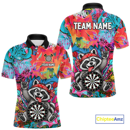 Funny Raccoon Colorful Graffiti Darts Shirt For Men Custom Name Darts Polo & 1/4 Zip Jersey NYN4398