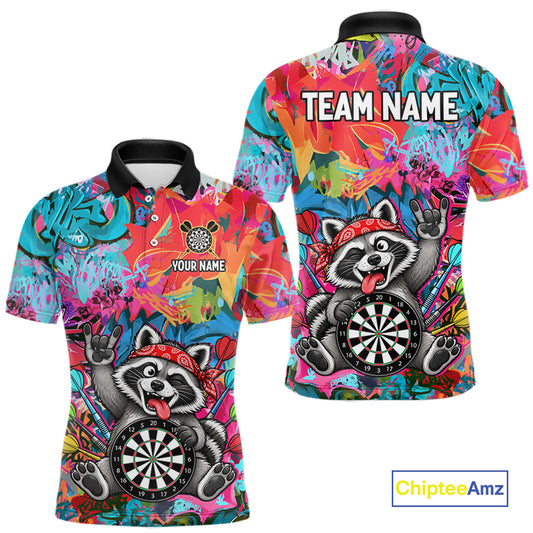 Funny Raccoon Colorful Graffiti Darts Shirt For Men Custom Name Darts Polo & 1/4 Zip Jersey NYN4398