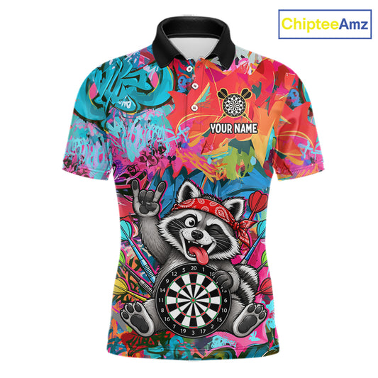 Funny Raccoon Colorful Graffiti Darts Shirt For Men Custom Name Darts Polo & 1/4 Zip Jersey NYN4398
