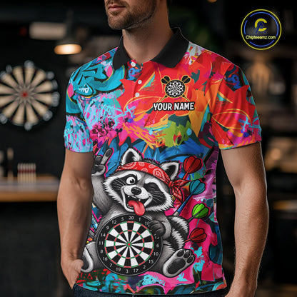 Funny Raccoon Colorful Graffiti Darts Shirt For Men Custom Name Darts Polo & 1/4 Zip Jersey NYN4398