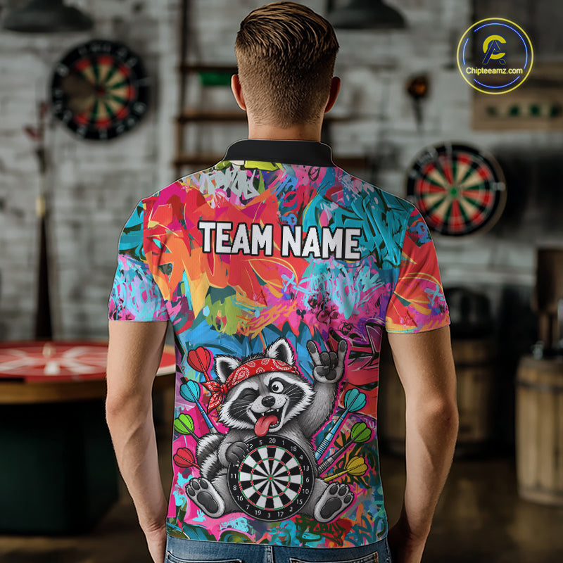 Funny Raccoon Colorful Graffiti Darts Shirt For Men Custom Name Darts Polo & 1/4 Zip Jersey NYN4398