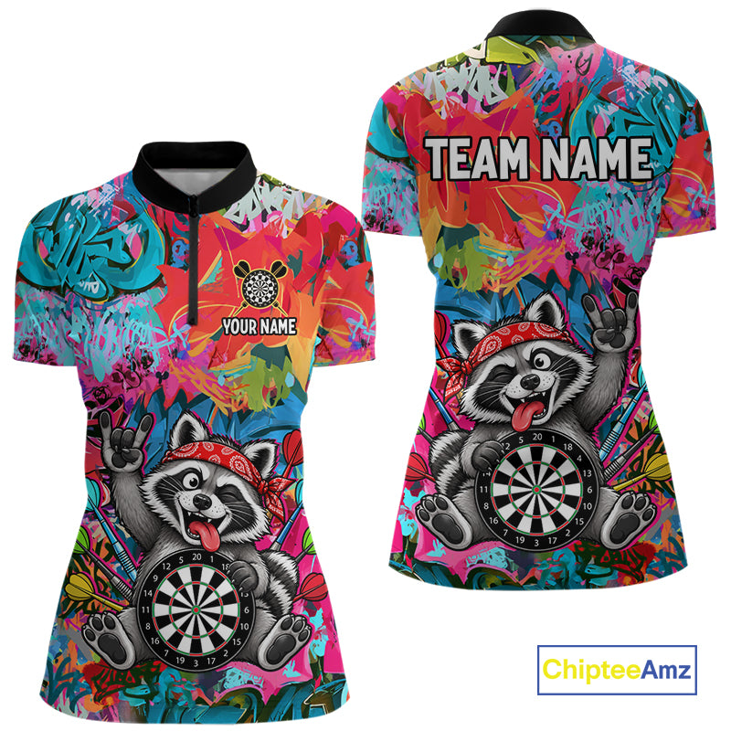 Funny Raccoon Colorful Graffiti Darts Shirt For Women Custom Name Darts Polo & 1/4 Zip Jersey NYN4398