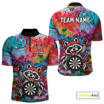 Funny Raccoon Colorful Graffiti Darts Shirt For Men Custom Name Darts Polo & 1/4 Zip Jersey NYN4398