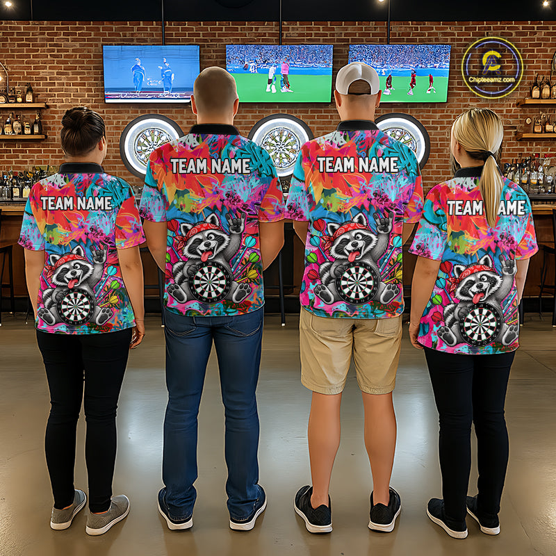 Funny Raccoon Colorful Graffiti Darts Shirt For Men Custom Name Darts Polo & 1/4 Zip Jersey NYN4398