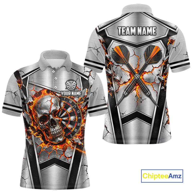 Personalized Silver Skull Darts Polo 1/4-Zip Shirt For Men Red Fire Flame Darts Team Uniform NYN4776
