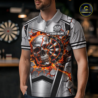Personalized Silver Skull Darts Polo 1/4-Zip Shirt For Men Red Fire Flame Darts Team Uniform NYN4776