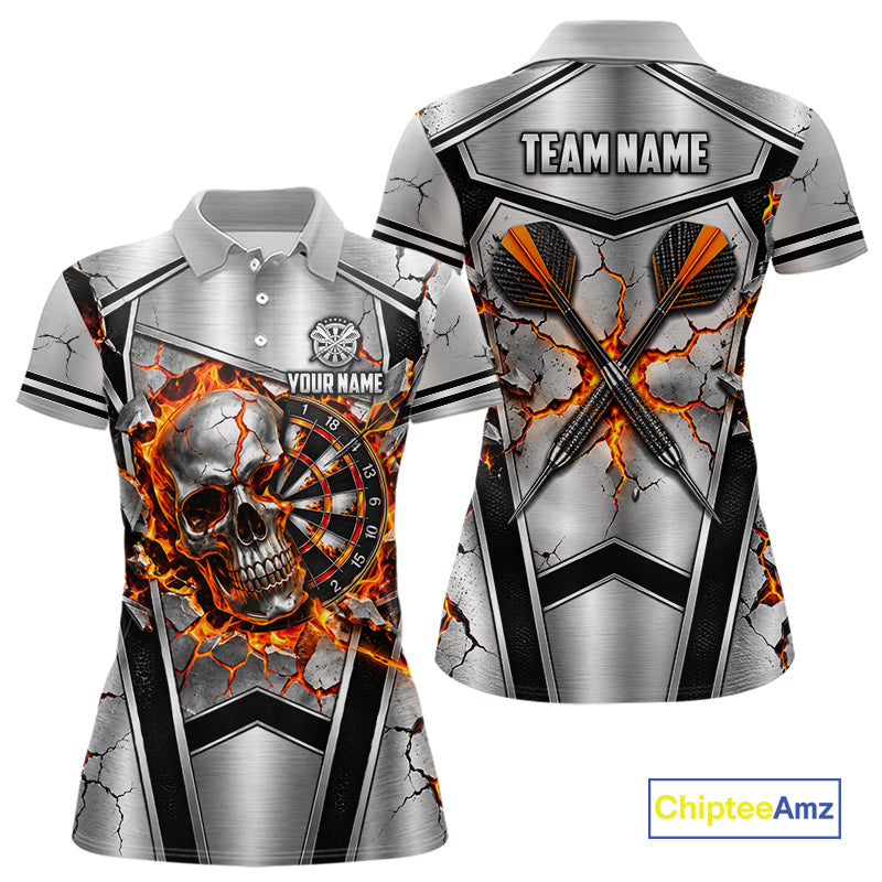 Personalized Silver Skull Darts Polo 1/4-Zip Shirt For Women Red Fire Flame Darts Team Uniform NYN4776