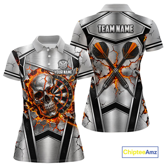 Personalized Silver Skull Darts Polo 1/4-Zip Shirt For Women Red Fire Flame Darts Team Uniform NYN4776