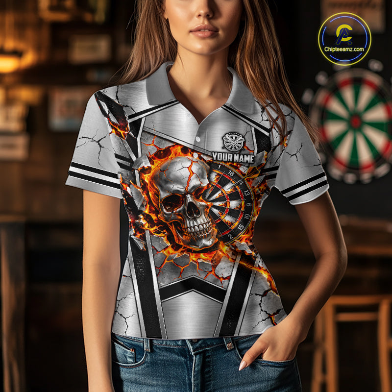 Personalized Silver Skull Darts Polo 1/4-Zip Shirt For Women Red Fire Flame Darts Team Uniform NYN4776