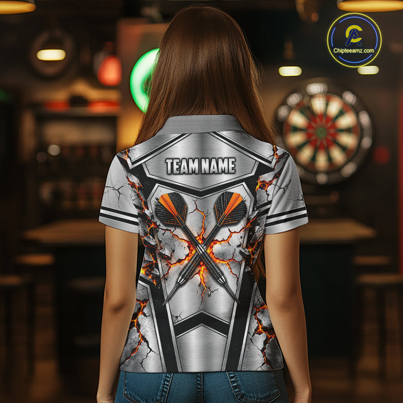 Personalized Silver Skull Darts Polo 1/4-Zip Shirt For Women Red Fire Flame Darts Team Uniform NYN4776