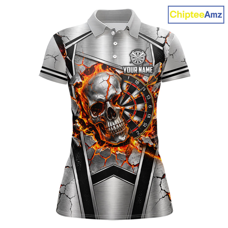 Personalized Silver Skull Darts Polo 1/4-Zip Shirt For Women Red Fire Flame Darts Team Uniform NYN4776