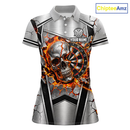 Personalized Silver Skull Darts Polo 1/4-Zip Shirt For Women Red Fire Flame Darts Team Uniform NYN4776