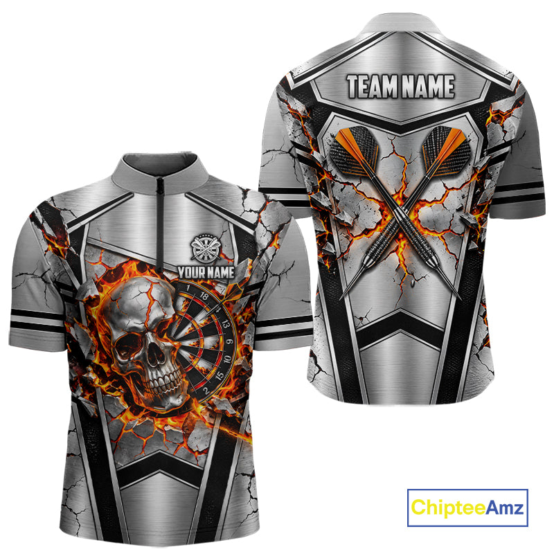 Personalized Silver Skull Darts Polo 1/4-Zip Shirt For Men Red Fire Flame Darts Team Uniform NYN4776