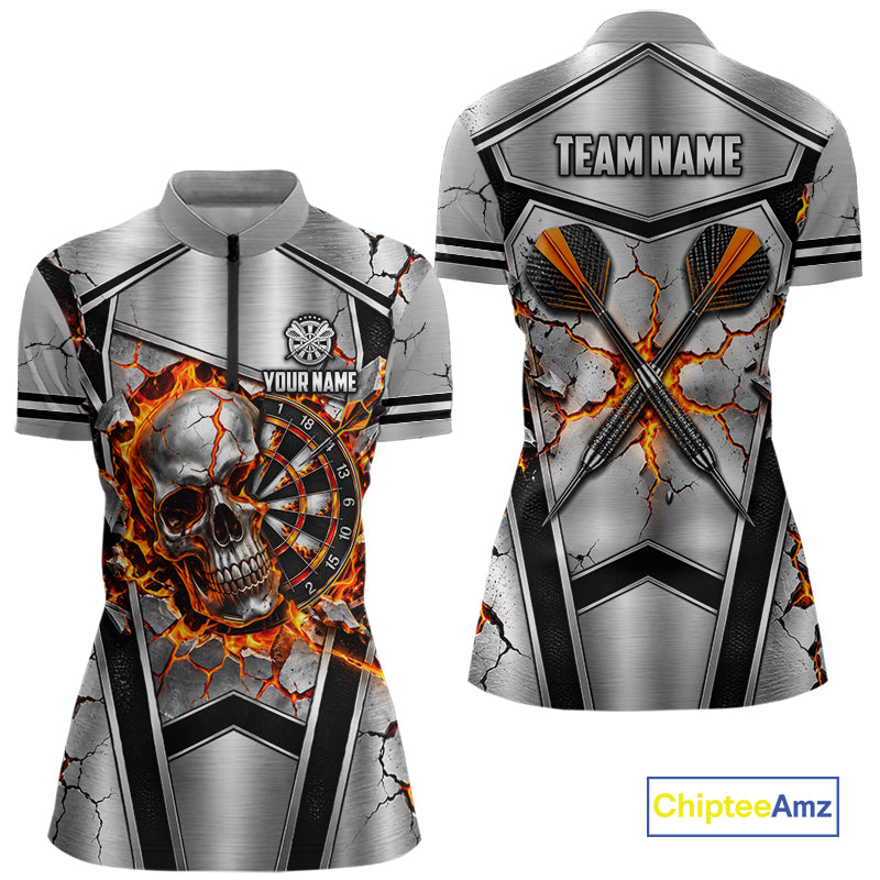Personalized Silver Skull Darts Polo 1/4-Zip Shirt For Women Red Fire Flame Darts Team Uniform NYN4776