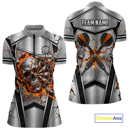Personalized Silver Skull Darts Polo 1/4-Zip Shirt For Women Red Fire Flame Darts Team Uniform NYN4776