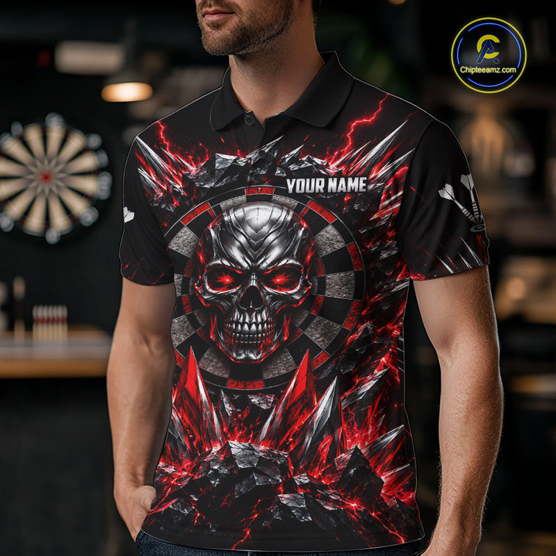 Custom Silver Skull Darts 1/4-Zip Polo Shirt For Men Red Thunder Darts Team Tournament Jersey NYN4779
