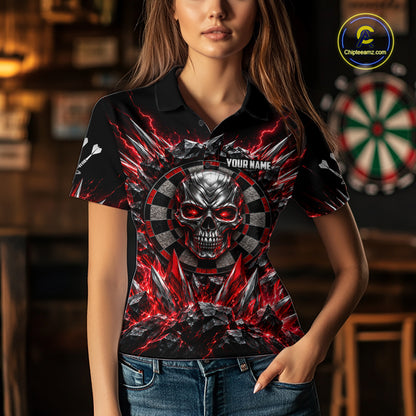 Custom Silver Skull Darts 1/4-Zip Polo Shirt For Women Red Thunder Darts Team Tournament Jersey NYN4779